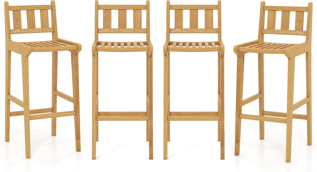 Tangkula Teak Wood Bar Stool Set of 4, 30' Bar Chair with Footrest & Backrest, Wooden Bar Height Chair, Patio Furniture for Deck, Poolside & Garden, Natural(4)