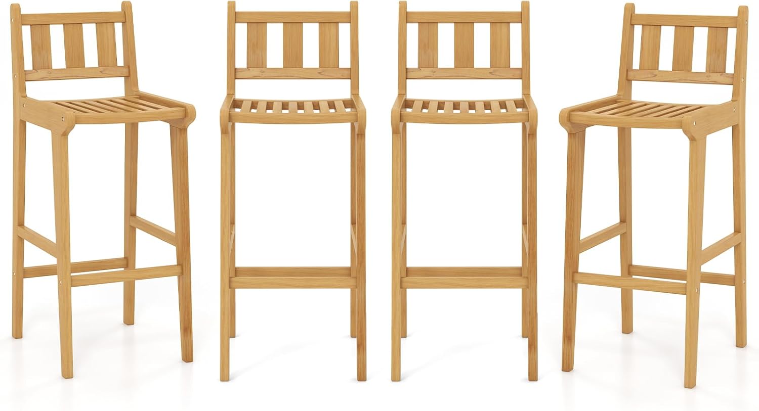 Tangkula Teak Wood Bar Stool Set of 4, 30' Bar Chair with Footrest & Backrest, Wooden Bar Height Chair, Patio Furniture for Deck, Poolside & Garden, Natural(4)