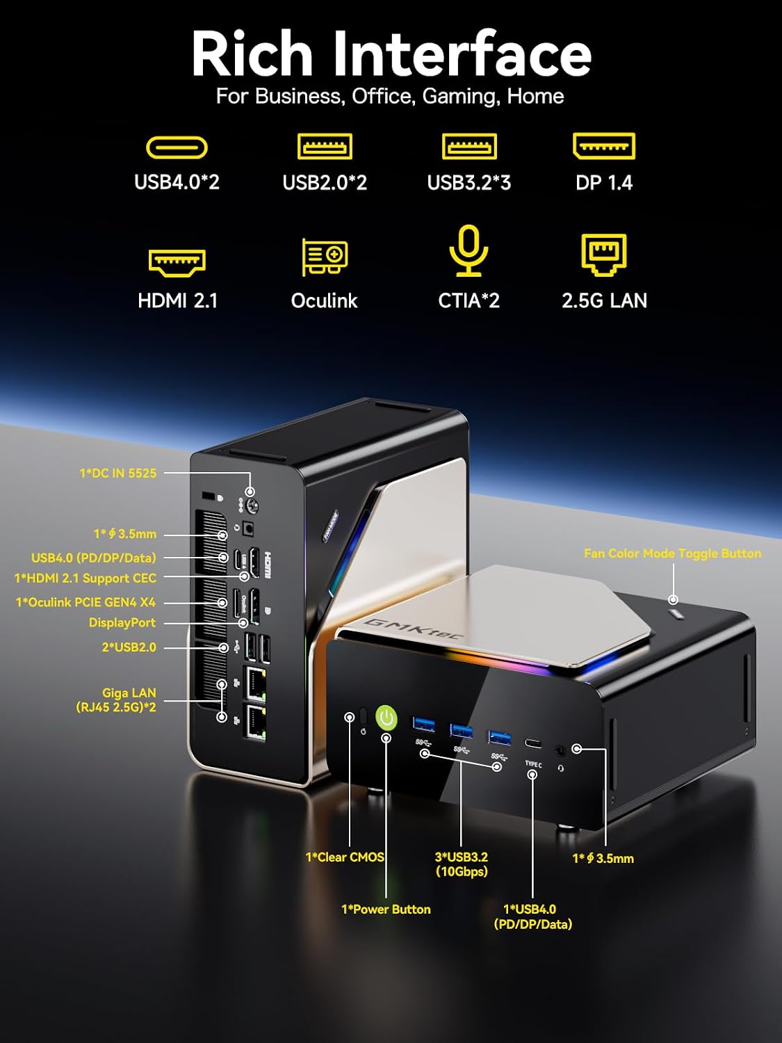 GMKtec AI Mini PC Ultra 9 285H (Turbo 5.4GHz) 64GB DDR5 1TB PCIe 4.0 SSD Mini Gaming Computer 3X M.2 Expansion Slots, Oculink, Quad Screen 8K Display EVO-T1