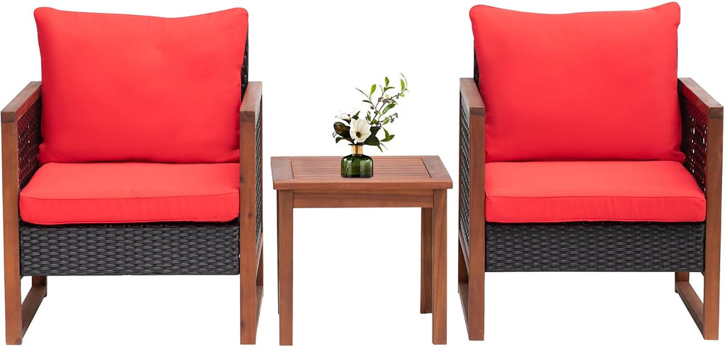 PayLessHere 3 Pieces Patio Set Wicker Patio Furniture Acacia Wood Outdoor Patio Furniture Set Rattan Chair Conversation Sets Bistro Set with Coffee Table and Water Resistant Cushions(Red)