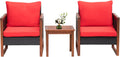 PayLessHere 3 Pieces Patio Set Wicker Patio Furniture Acacia Wood Outdoor Patio Furniture Set Rattan Chair Conversation Sets Bistro Set with Coffee Table and Water Resistant Cushions(Red)