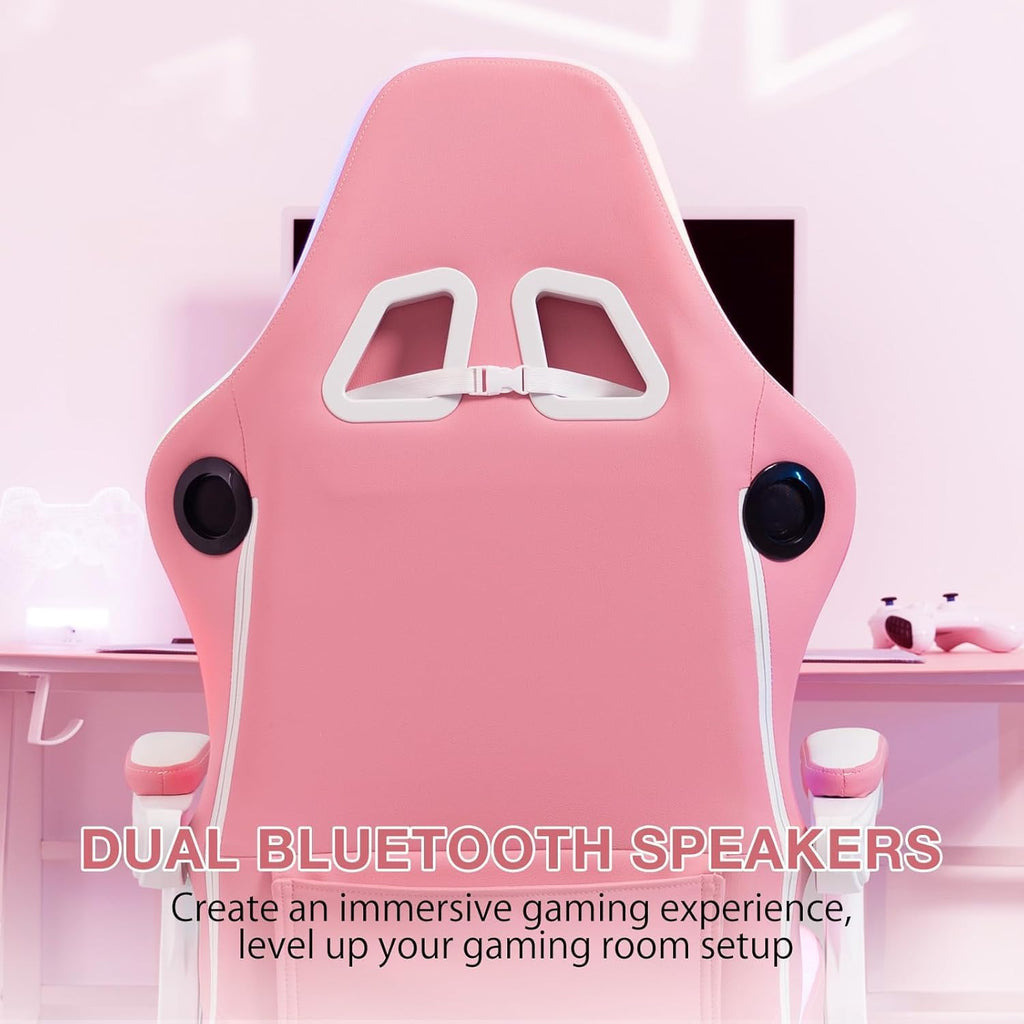 HOFFREE Pink Led Gaming Chair with Bluetooth Speakers Massage Gaming Chair with RGB Lights Big and Tall Gamer Chairs for 400lbs Heavy People High Back Computer Desk Chair with Footerst Pink and White