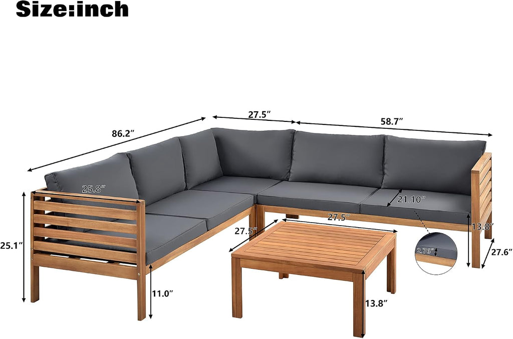 4 Piece Outdoor Patio Furniture Set, Acacia Wood Sectional Sofa wSeat Cushions, Patio Sectional Conversation Seat with Couches and Coffee Table