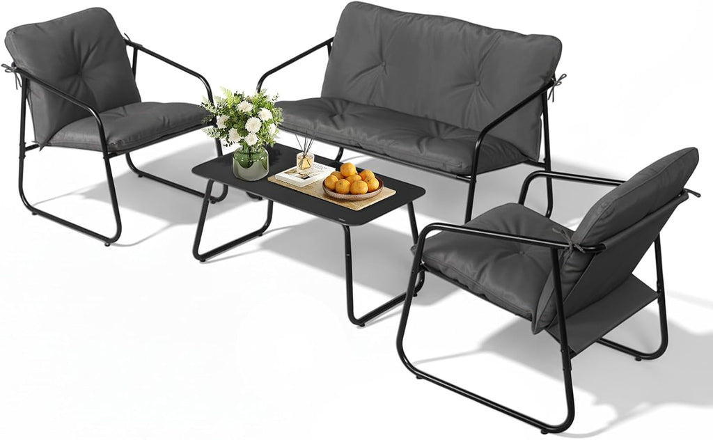 VINGLI 4 Piece Patio Conversation Set, Outdoor Furniture Set with Glass Coffee Table & Comfortable Cushion, All-Weather Cushioned Seating for Garden, Backyard, Porch, Grey