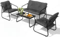 VINGLI 4 Piece Patio Conversation Set, Outdoor Furniture Set with Glass Coffee Table & Comfortable Cushion, All-Weather Cushioned Seating for Garden, Backyard, Porch, Grey