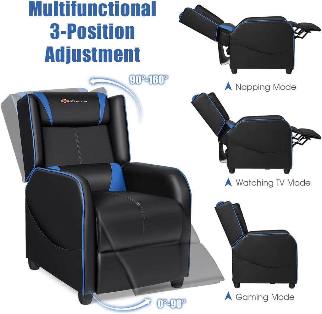 Goplus Massage Gaming Recliner Chair, Racing Style PU Leather Single Recliner Sofa with Footrest, Adjustable Modern Living Room Recliners, Ergonomic Home Theater Recliner Seat (Blue)