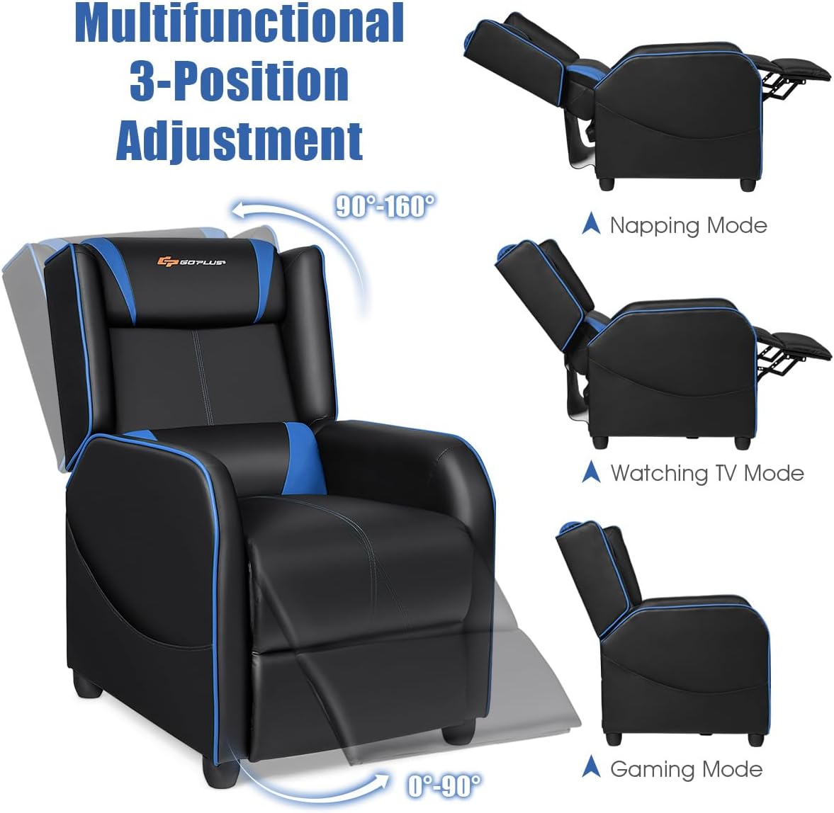 Goplus Massage Gaming Recliner Chair, Racing Style PU Leather Single Recliner Sofa with Footrest, Adjustable Modern Living Room Recliners, Ergonomic Home Theater Recliner Seat (Blue)