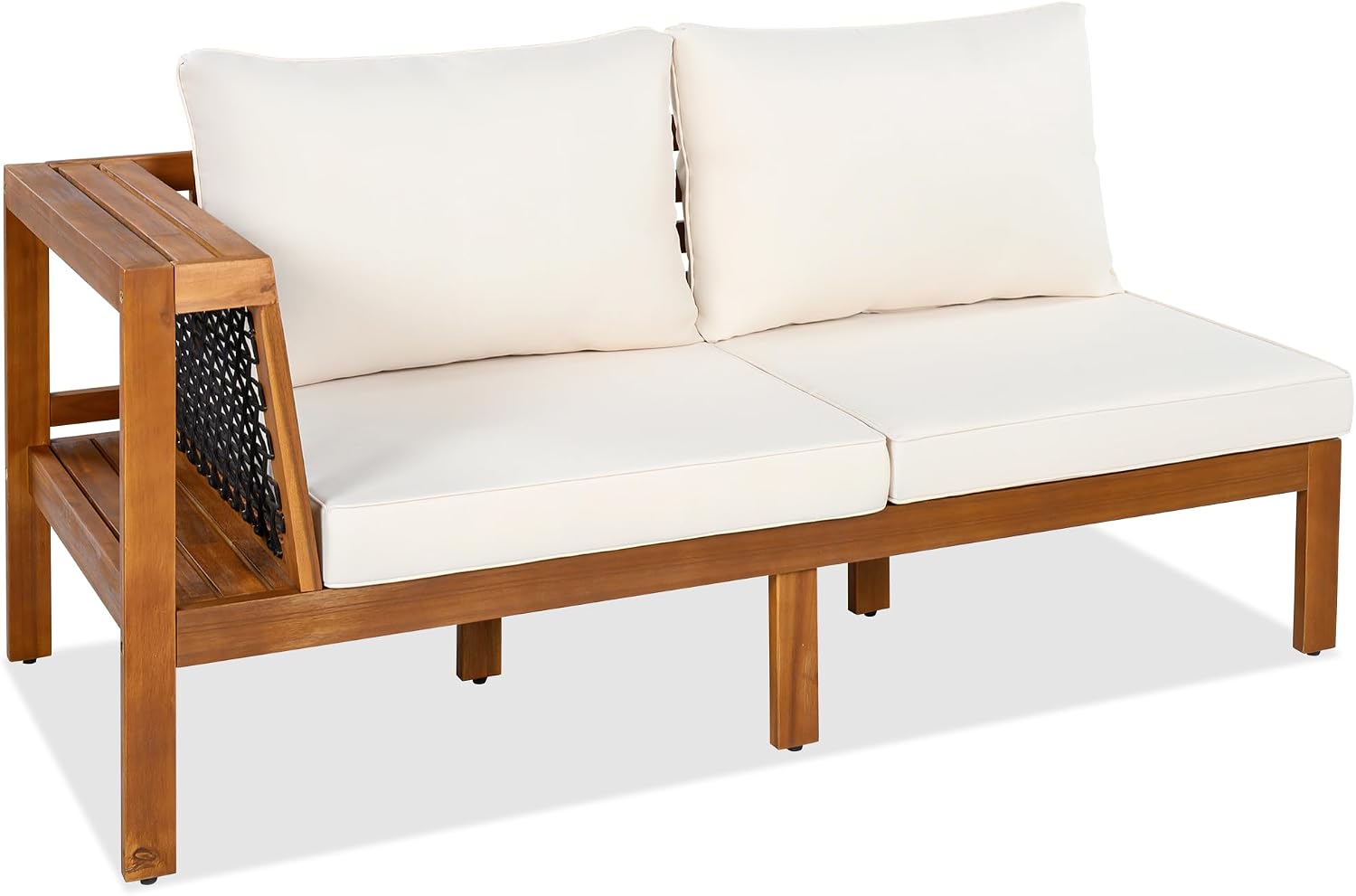 4 Piece Outdoor Patio Furniture Set, L-Shaped Patio Sofa Set with Coffee Table and Woven Mesh Armrests, All-Weather Conversation Seat with Cushions and Side Table (Beige+Brown)