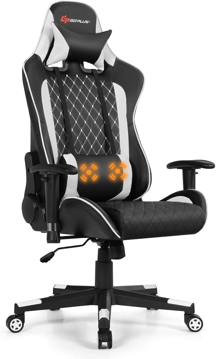 Goplus Massage Gaming Chair, Reclining Backrest Handrails and Seat Height Adjustment Racing Computer Office Chair, Ergonomic High Back Embroidered PU Swivel Game Chair with Headrest and Lumbar Cushion
