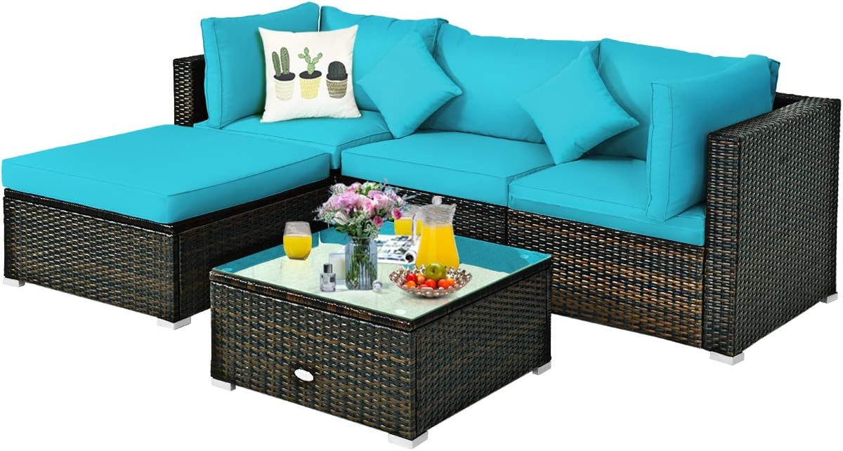 COSTWAY 5-Piece Outdoor Patio Furniture Set, Glass Top Coffee Table and Lounge Sofa with Cushions, PE Rattan Conversation Set for Garden, Deck, Backyard (Turquoise)