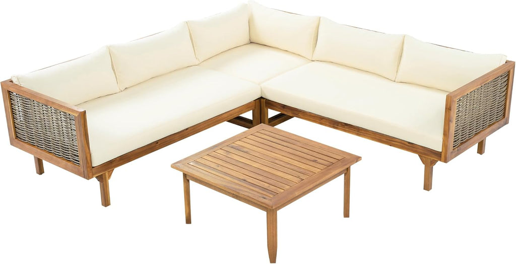 Christopher Knight Home Tenntt 5-Seater Acacia Wood Patio Furniture Set, Outdoor Conversation Sofa Chat Set with Coffee Table, Wicker Arm, Sectional Seating Group for Backyard Balcony, Teak+Beige