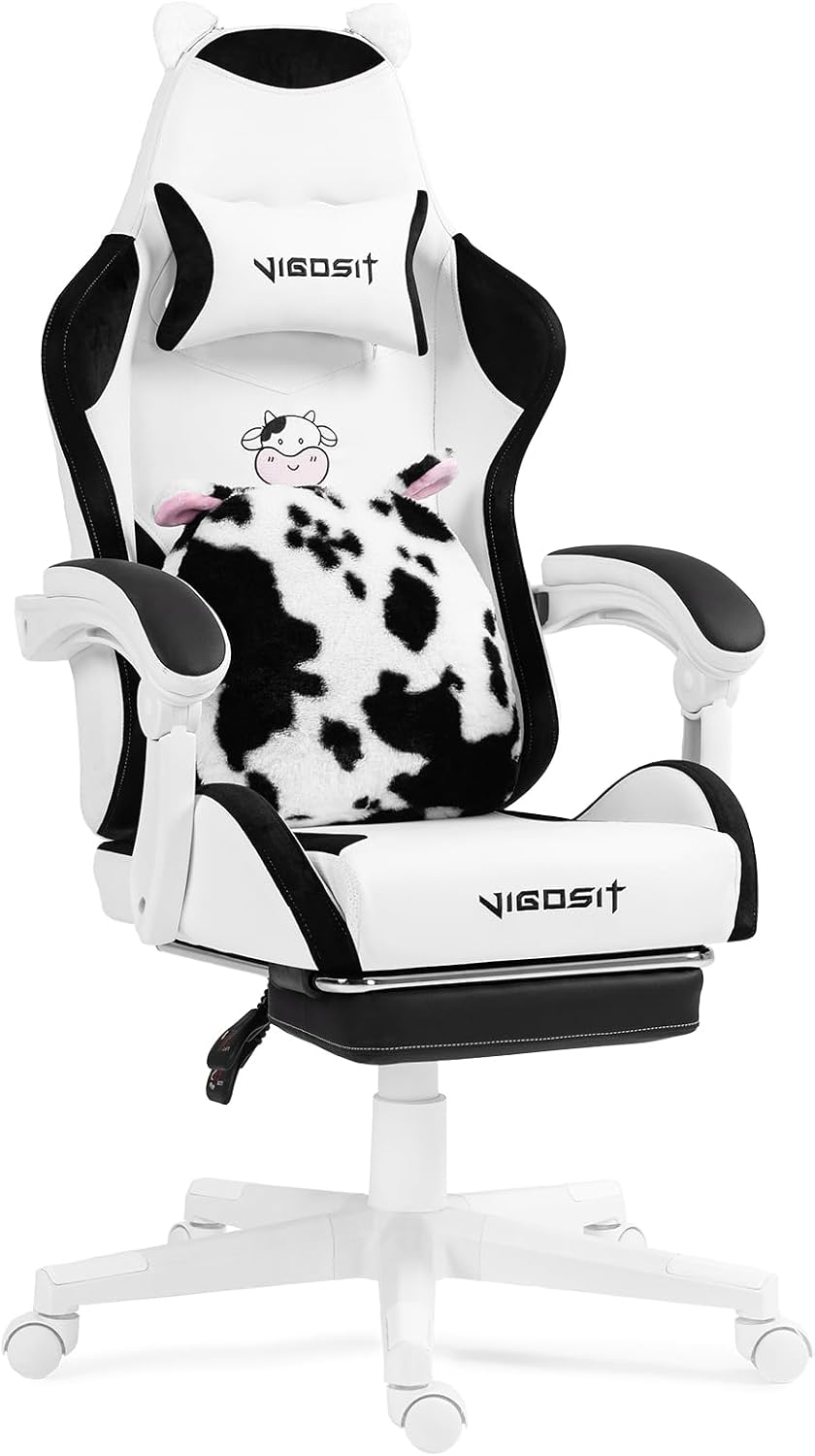 Vigosit Cute Cat Gaming Chair with Paw Lumbar Cushion, PC Video Gamer Chair for Girl Teen Woman (Black White)