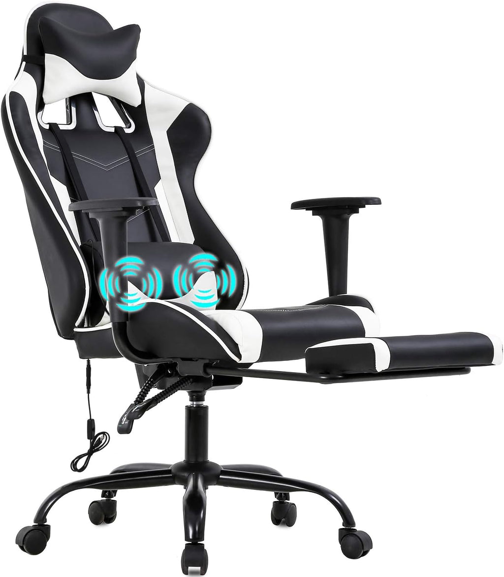 BestOffice PC Gaming Chair Racing Office Chair Ergonomic Desk Chair Massage PU Leather Recliner Computer Chair with Lumbar Support Headrest Armrest Footrest Rolling Swivel Task Chair for Adults, White