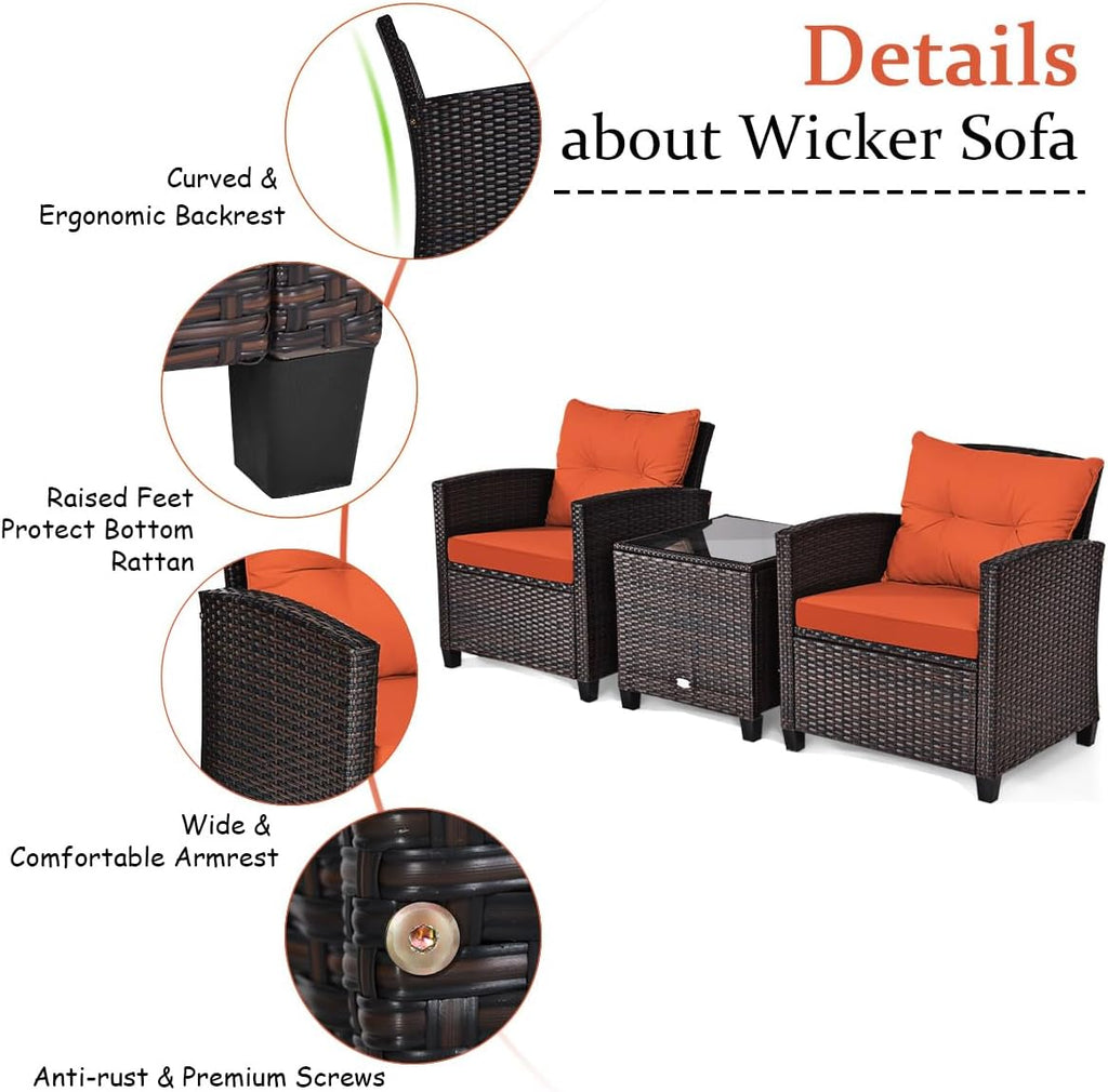 RELAX4LIFE 3 Piece Patio Furniture Set, Wicker Bistro Conversation Set w/2 Cushioned Armchairs & Glass Topped Table, Outdoor Rattan Sofa Set Patio Furniture for Porch Balcony Poolside (Orange)