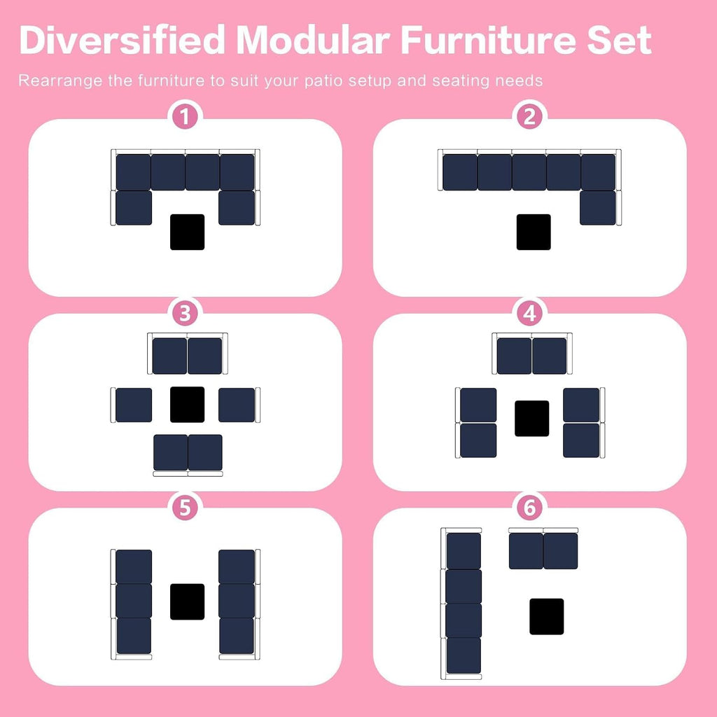 7-Piece Outdoor Rattan Sectional Sofa Set, Gray Wicker Patio Furniture Sets with Navy Blue Cushions for Balcony, Porch, Backyard