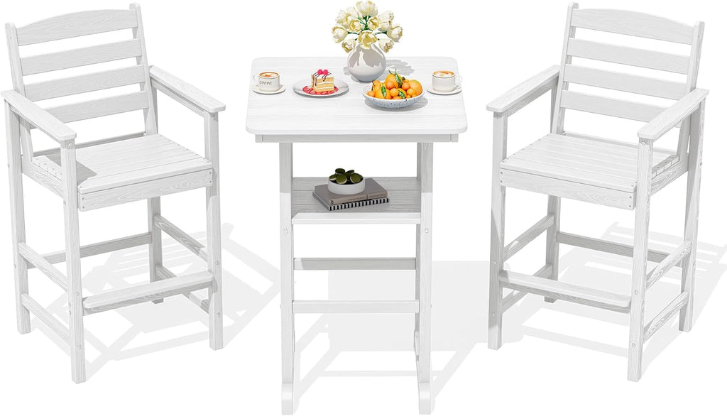 SERWALL Balcony Adirondack Chairs and Table 3 Pieces Set, Oversize Adirondack Bar Height Chairs Set of 2 and Bar Table, Outdoor Bar Stools Set, White