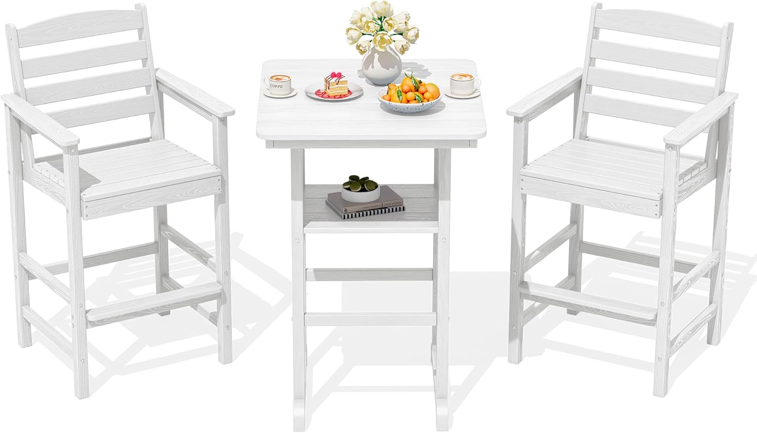 SERWALL Balcony Adirondack Chairs and Table 3 Pieces Set, Oversize Adirondack Bar Height Chairs Set of 2 and Bar Table, Outdoor Bar Stools Set, White