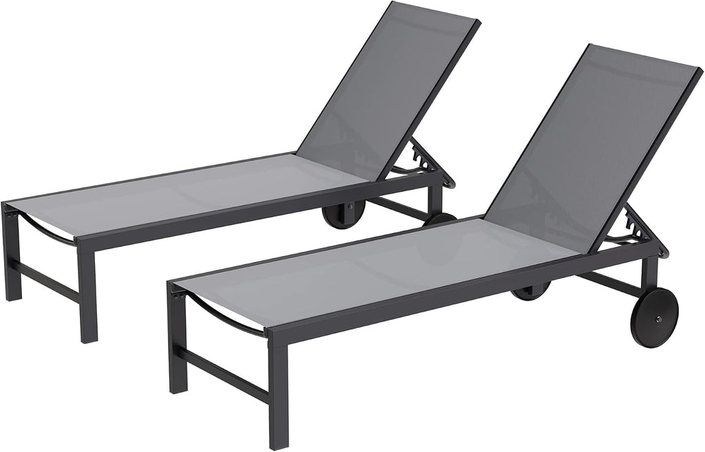 Shintenchi 2 PCS Outdoor Chaise Lounges Chair with Wheels Aluminum Reclining Patio Lounge Chairs with 5 Adjustable Position Recliner for Patio, Beach, Yard, Pool Patio Furniture Set,Light Grey