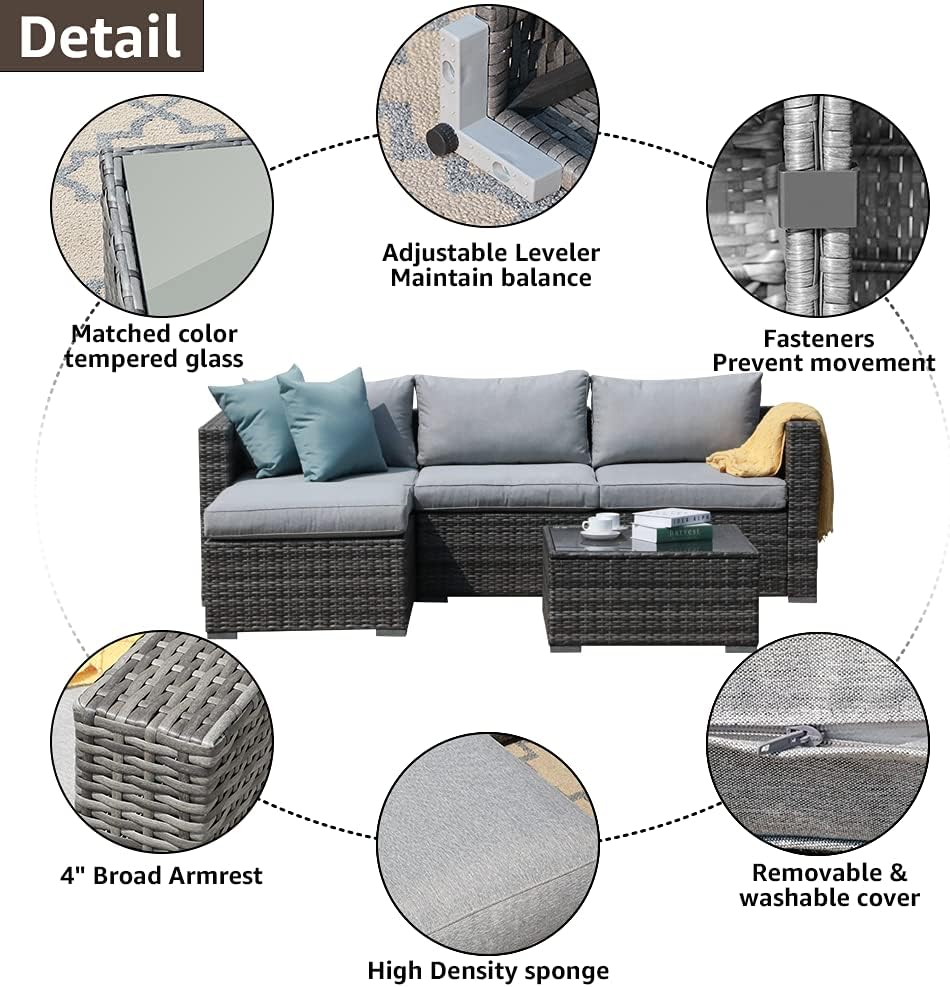 Patiorama 5 Piece Outdoor Patio Furniture Set, Sectional Conversation All-Weather Grey PE Wicker w/Light Cushions, Backyard Porch Garden Poolside Balcony Set