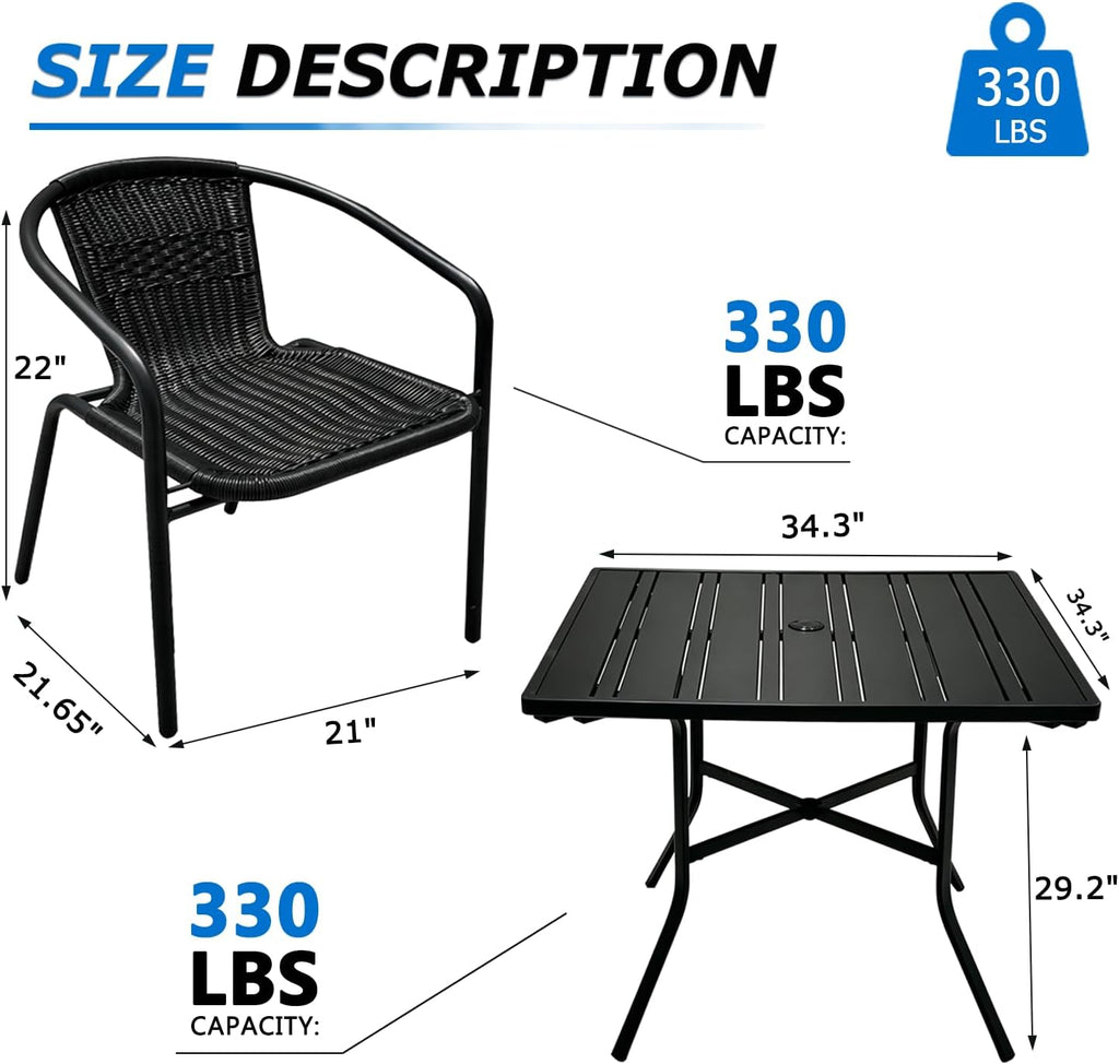 Outdoor Patio Furniture Set 5 Piece with 4 Stackable Black Rattan Chairs and Black Outdoor Metal Dining Table with Umbrella Hole