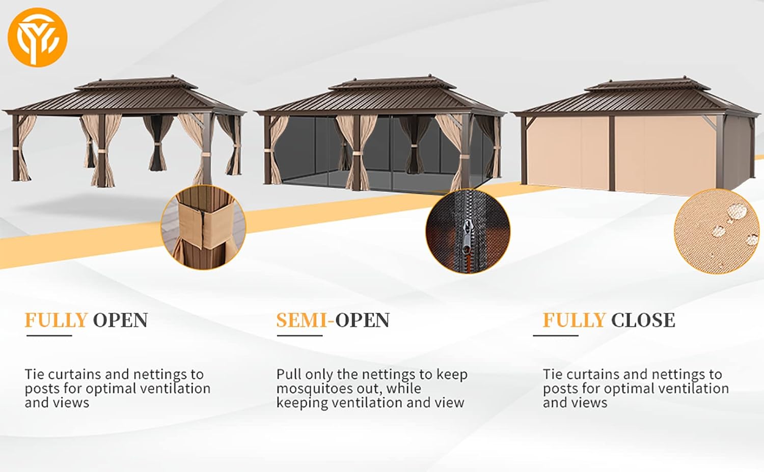 YOLENY 12'X20' Hardtop Gazebo, Galvanized Steel Ventilation Double Roof with Aluminum Frame，Outdoor Gazebos Pavillion with Netting and Curtains for Garden, Patio, Lawns, Parties