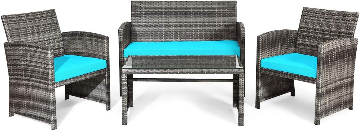 Giantex 4 Pc, Rattan Loveseat & Patio Chairs with Cushioned Seat, Wicker Coffee Table, Outdoor Furniture Front Porch Poolside Garden Lawn Conversation Sets, Mix Grey&Turquoise