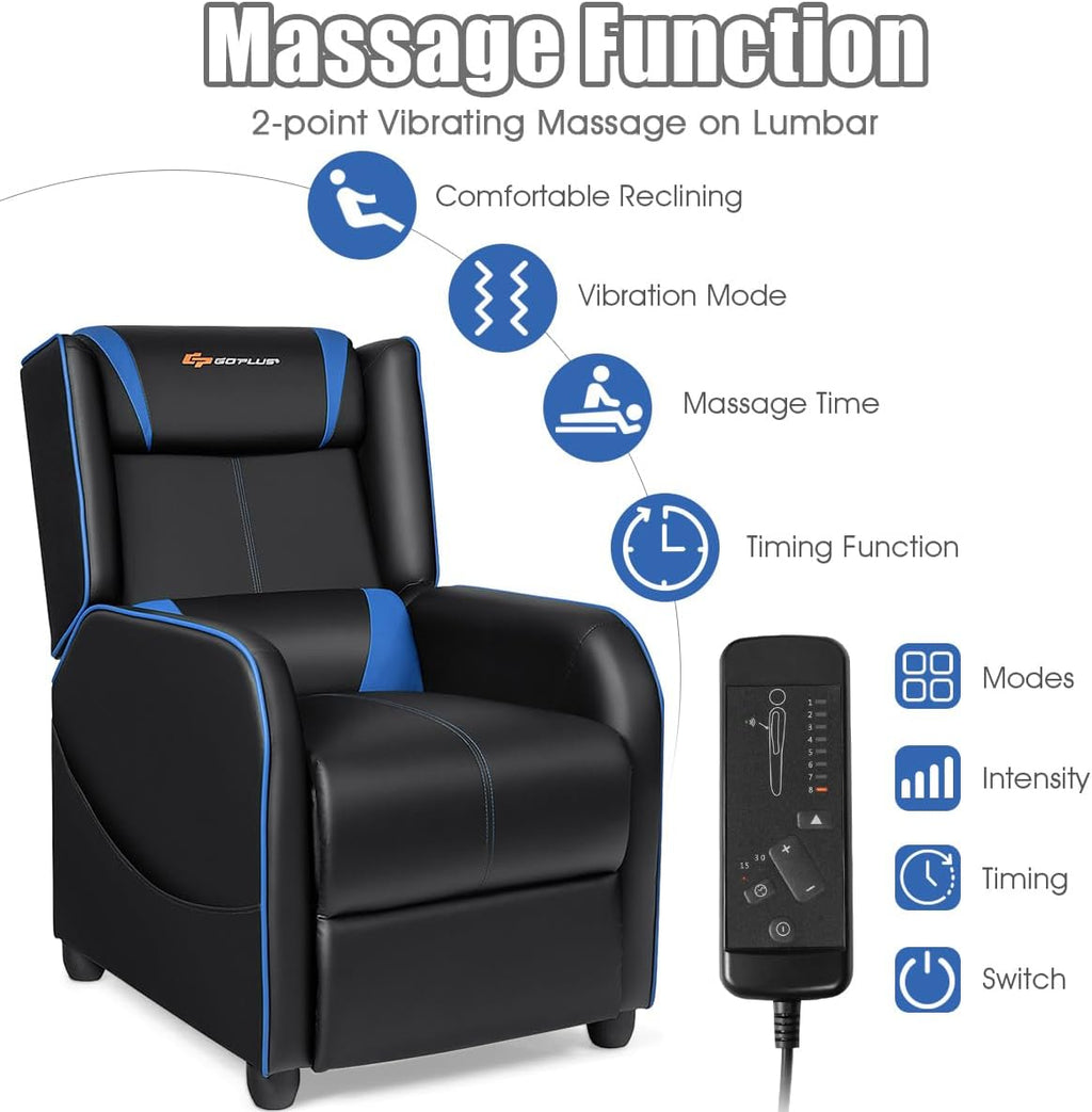 Goplus Massage Gaming Recliner Chair, Racing Style PU Leather Single Recliner Sofa with Footrest, Adjustable Modern Living Room Recliners, Ergonomic Home Theater Recliner Seat (Blue)