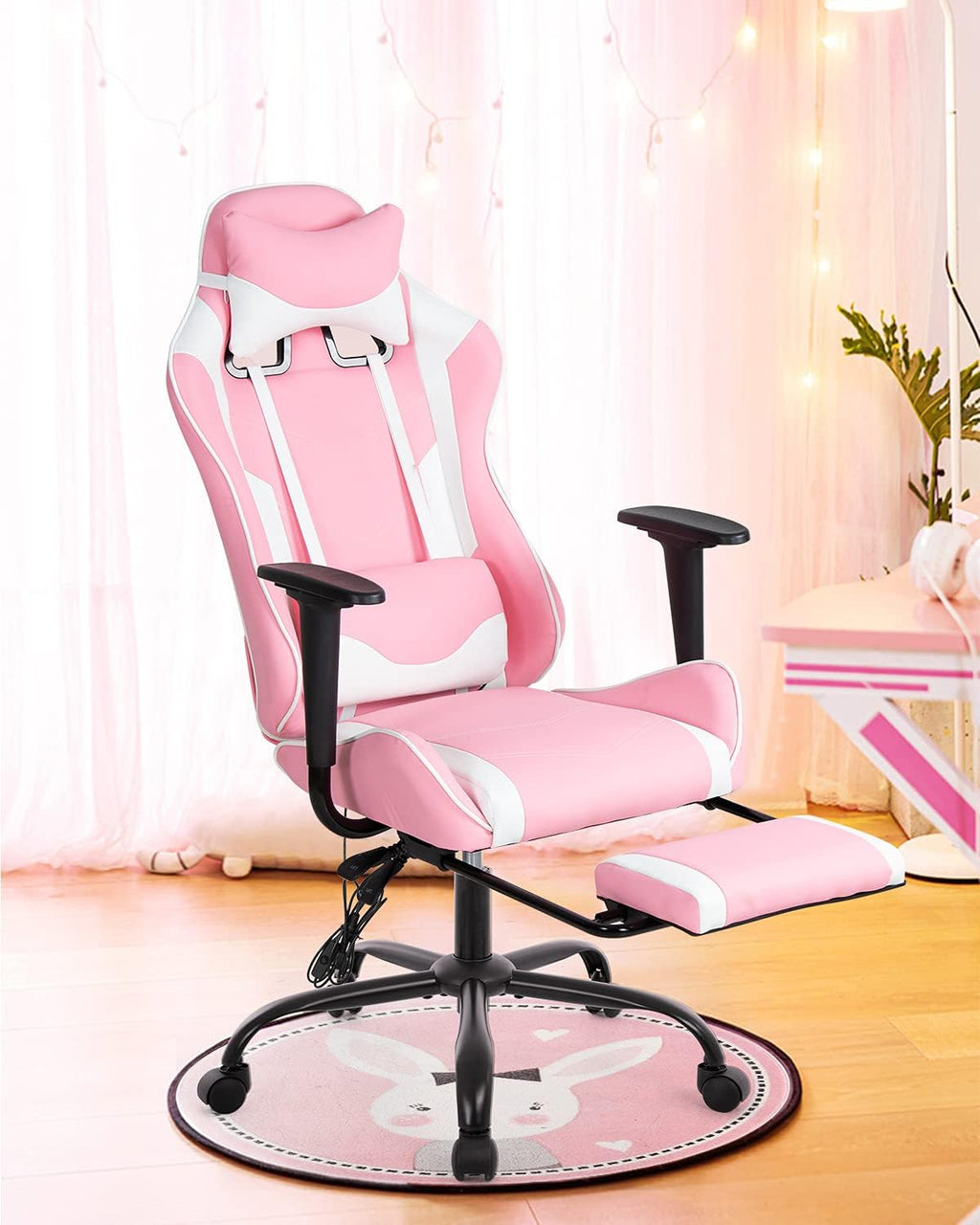 BestOffice Women's Pink Faux Leather PC Gaming Chair with Lumbar Support, Swivel and Adjustable Armrests