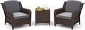 Tangkula 3 Pieces Outdoor Patio Furniture Set, Patiojoy PE Rattan Wicker Chairs with Cushions and Tempered Glass Coffee Table, Outdoor Wicker Conversation Bistro Set for Porch, Balcony, Garden (Gray)