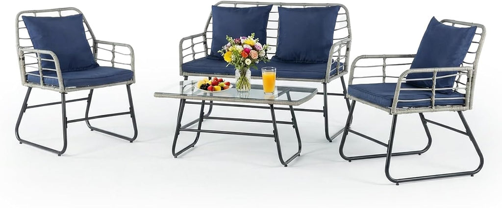 DUMOS Outdoor 4 Piece Patio Furniture Set, Wicker Patio Set with Thick Sandwich Structure Cushions, Deep Seating All-Weather Rattan Sofa and Functional Glass Table for Porch, Lawn, Grey