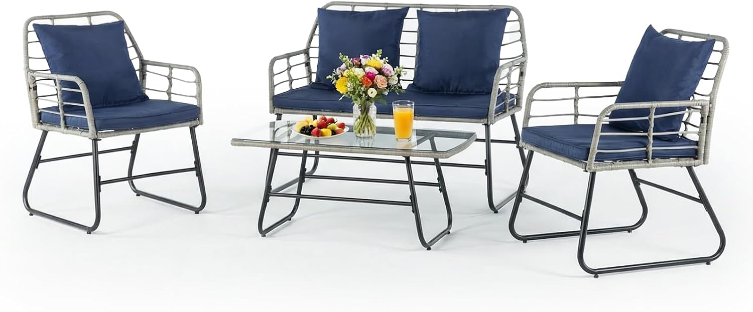 DUMOS Outdoor 4 Piece Patio Furniture Set, Wicker Patio Set with Thick Sandwich Structure Cushions, Deep Seating All-Weather Rattan Sofa and Functional Glass Table for Porch, Lawn, Grey