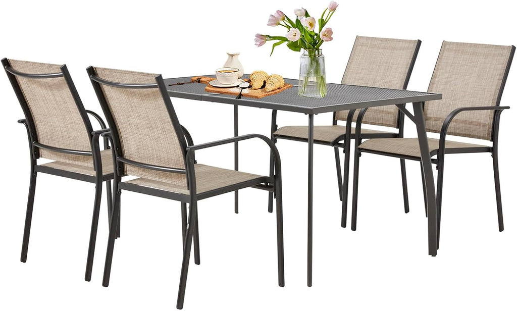 AECOJOY 5 Piece Patio Table and Chair Set for 4, Outdoor Dining Set Includes 51.2' Rectangle Table with 1.73' Umbrella Hole, 4 Stackable Textilene Chairs, for Garden, Backyard and Poolside, Dark Gray
