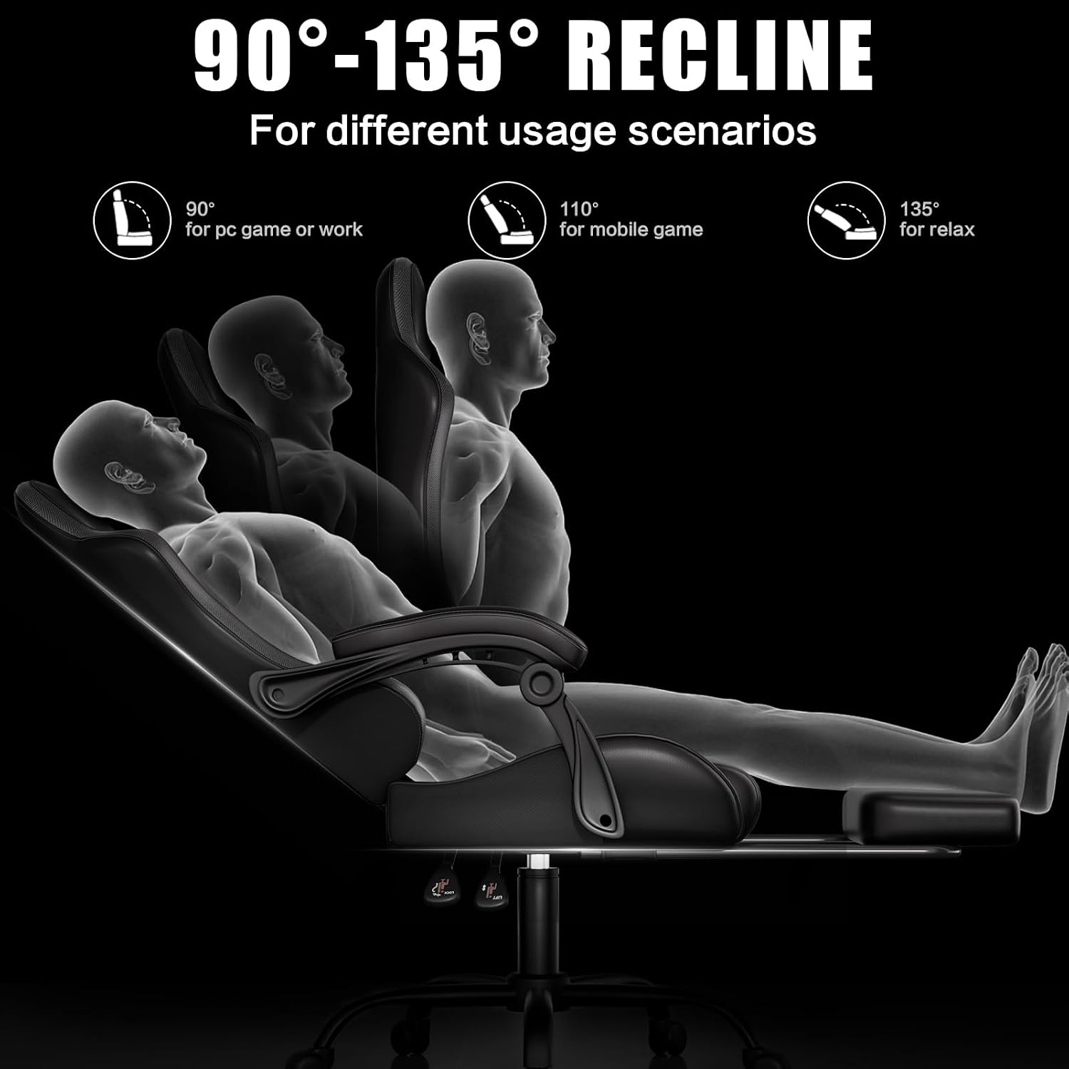 Czlolo Gaming Chair, Ergonomic Office Computer Chair with Footrest and Lumbar Support Massager Racing Style High Back Video Gamer Chair, Wide＆Thick Cushion, 90°-135° Recline, Adjustable Height, Black