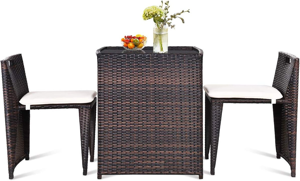 Giantex 3 PCS Cushioned Outdoor Wicker Patio Set Convention Bistro Set with Patio Sofa Chairs Garden Lawn Space Saving Conversation Furniture No Assembly (Light Brown)