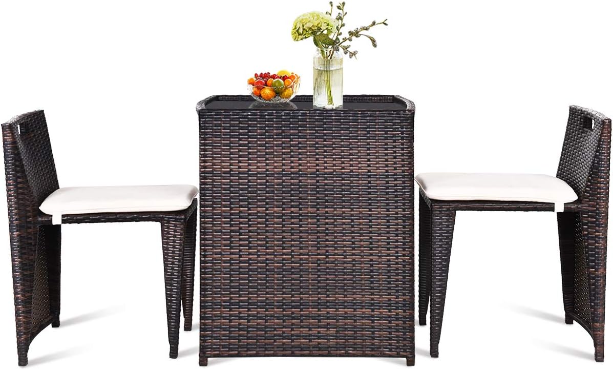 Giantex 3 PCS Cushioned Outdoor Wicker Patio Set Convention Bistro Set with Patio Sofa Chairs Garden Lawn Space Saving Conversation Furniture No Assembly (Light Brown)