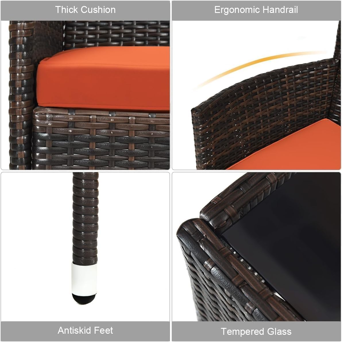 HOMGX 4 Piece Rattan Patio Furniture Set, Sectional Sofa Chair, Wicker Set with Tempered Glass Coffee Table & Thick Cushions, Wicker Patio Set for Garden, Lawn, Poolside, Backyard (Orange)