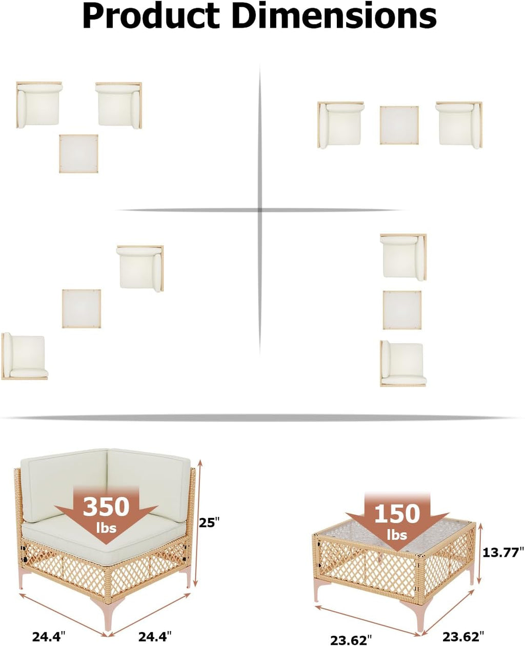 3 Piece Patio Furniture Set, Wicker Outdoor Sectional Couch Set, Bohemia Porch Furniture 2 Seater with Lumbar Pillows, Outdoor Sofa with Large Coffee Glass Table for Patio, Balcony
