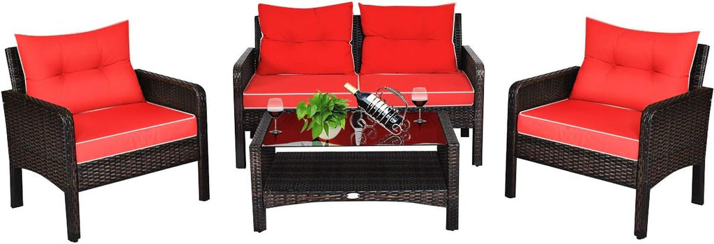 COSTWAY 4-Piece Patio Furniture Set, Sectional Wicker Rattan Sofa Chair with Cushion, Loveseat, Coffee Table with Tempered Glass and Shelf, Outdoor Conversation Sets for Poolside Porch (Red)