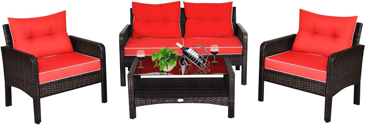 COSTWAY 4-Piece Patio Furniture Set, Sectional Wicker Rattan Sofa Chair with Cushion, Loveseat, Coffee Table with Tempered Glass and Shelf, Outdoor Conversation Sets for Poolside Porch (Red)