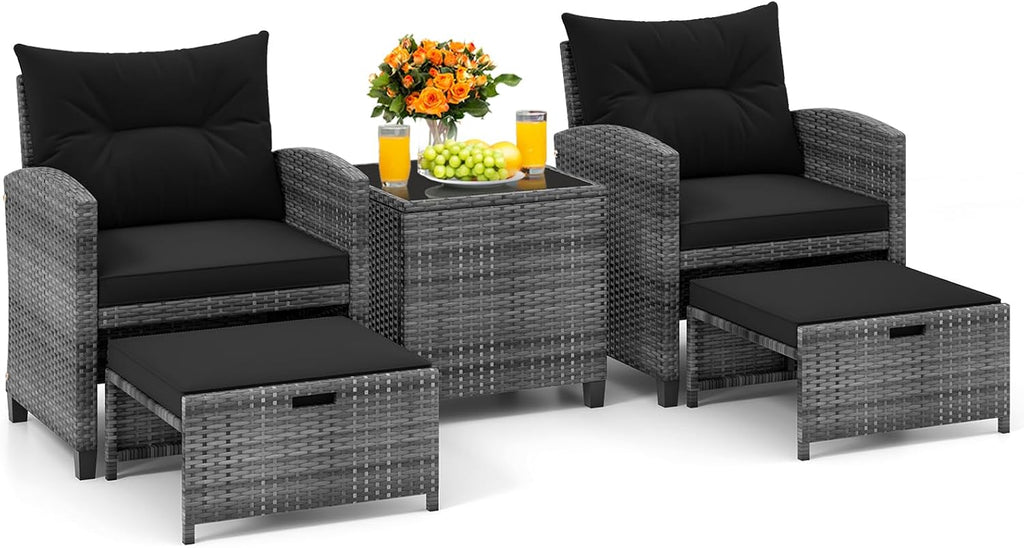 KOTEK 5 Pieces Patio Furniture Set with Ottomans, Wicker Patio Conversation Set with Coffee Table & Cushions, PE Rattan Outdoor Lounge Chairs for Backyard, Porch, Poolside (Mix Grey- Black)
