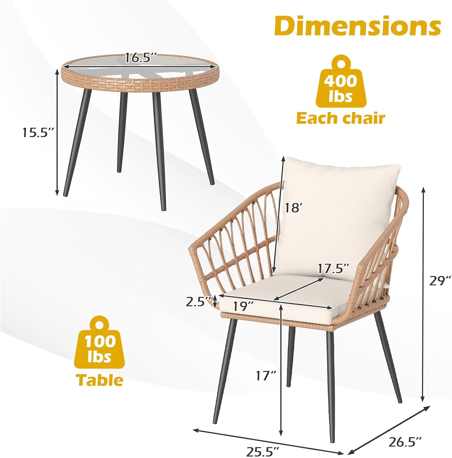 Tangkula 3 Piece Patio Bistro Set, PE Rattan Conversation Chairs with Round Glass Table & Soft Cushions, Outdoor Patio Furniture Set with Metal Frame for Balcony, Garden (Off White, 16.5 × 15.5 Inch)