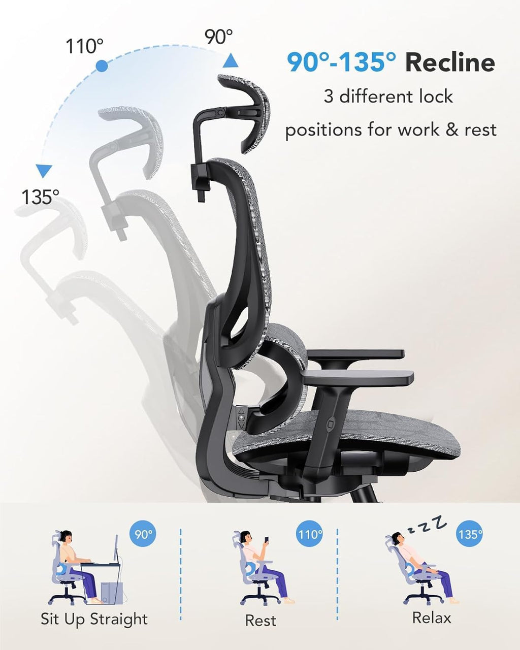 HUANUO Ergonomic Mesh Office Chair with 5-Level Lumbar Support, Computer Gaming Chair with Adjustable Headrest & Armrests, Rocking Tilt, Comfortable High Back Desk Chair for Home Office,4 Pack