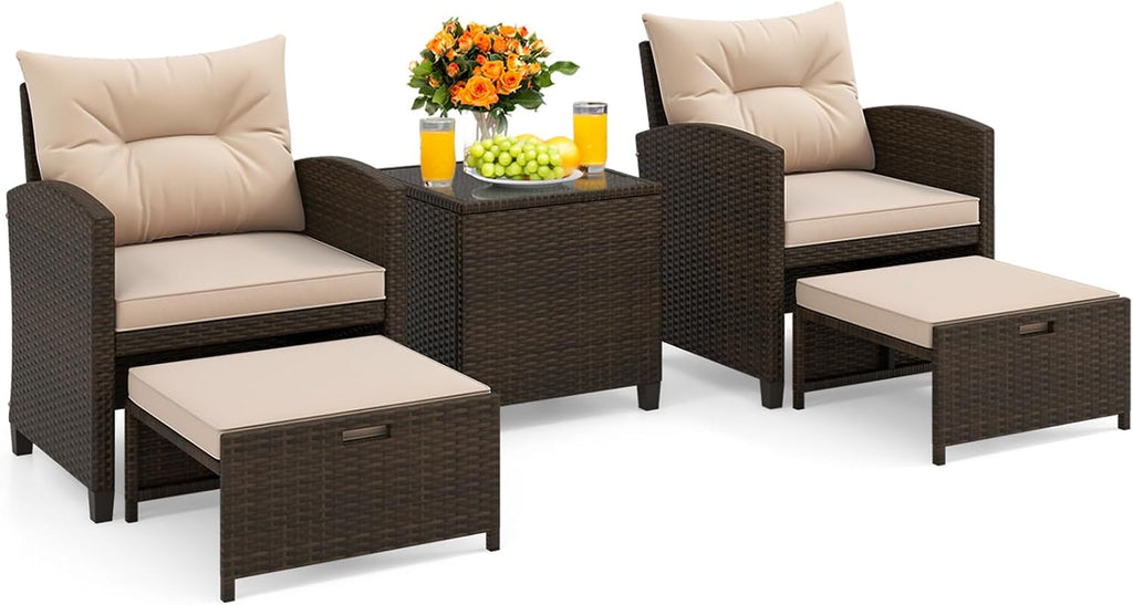 KOTEK 5 Pieces Patio Furniture Set with Ottomans, Wicker Patio Conversation Set with Coffee Table & Cushions, PE Rattan Outdoor Lounge Chairs for Backyard, Porch, Poolside (Mix Brown- Beige)