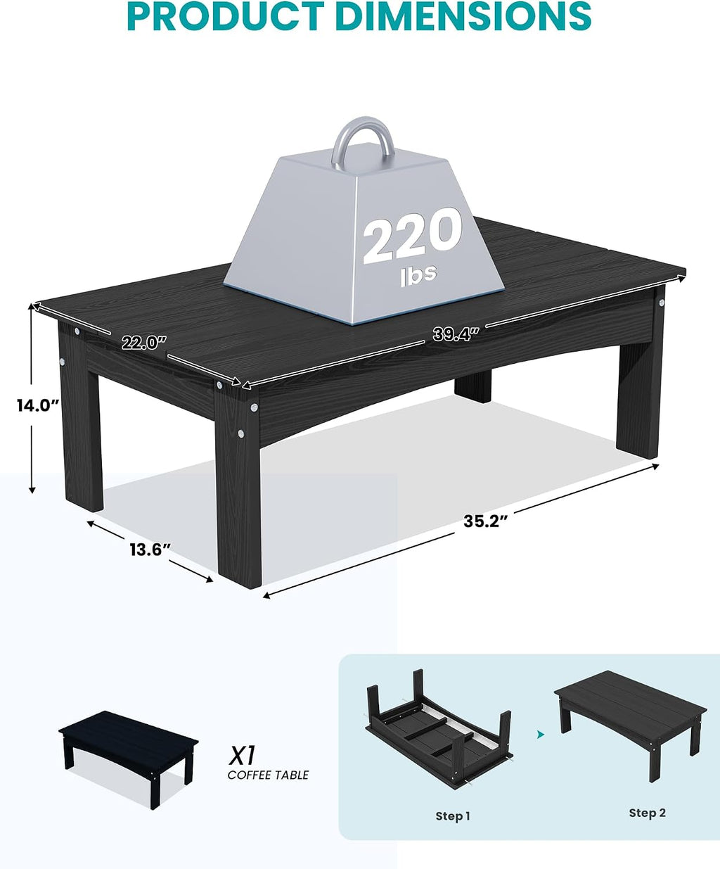 SERWALL HDPE Outdoor Coffee Table, All-Weather Patio Side Table, Durable Patio Furniture Table for Garden, Deck, Porch, Poolside, Black