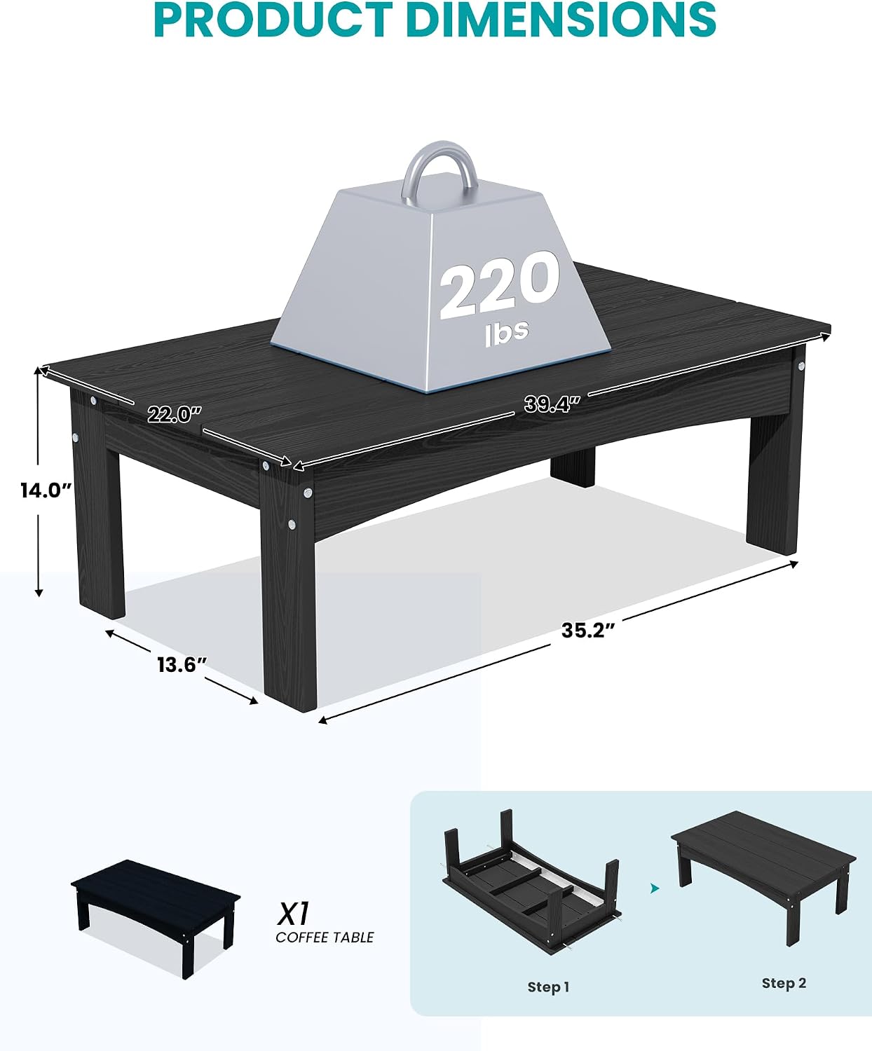 SERWALL HDPE Outdoor Coffee Table, All-Weather Patio Side Table, Durable Patio Furniture Table for Garden, Deck, Porch, Poolside, Black