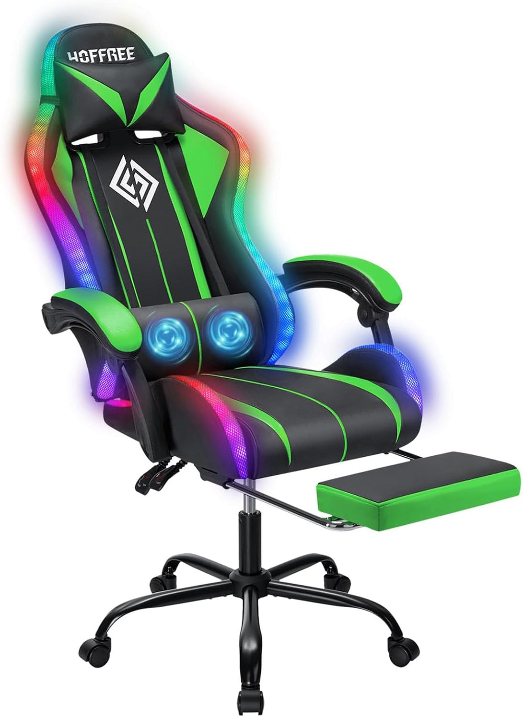 RGB Gaming Chair with LED Lights Massage Ergonomic Computer Gaming Chair High Back Video Game Chair with Footrest and Adjustable Lumbar Support Linkage Armrest Gamer Chairs for Adults Green and Black