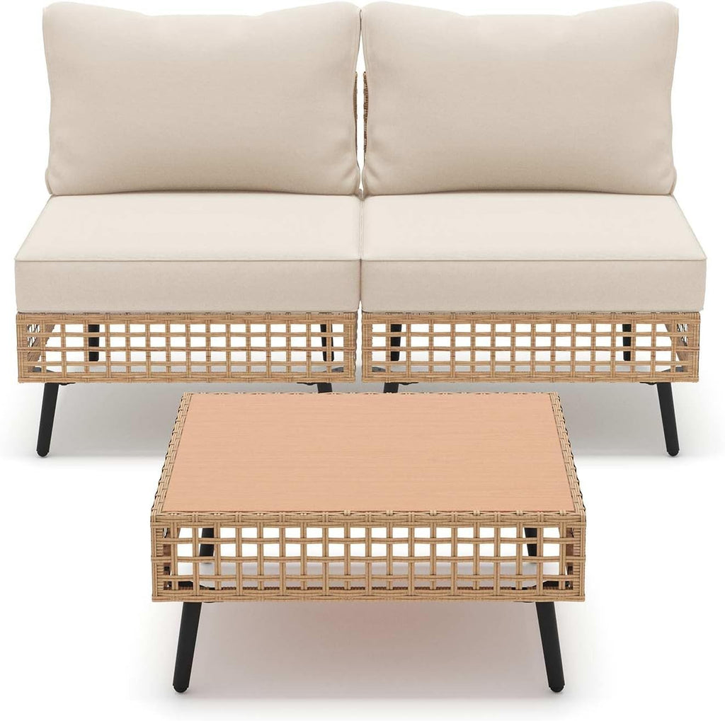 LAUSAINT HOME 3 Pieces Outdoor Sectional Sofa Set, All-Weather PE Wicker Rattan Patio Conversation Set with Thick Cushions & Coffee Table, Patio Furniture Set for Garden, Backyard, Porch (Beige)