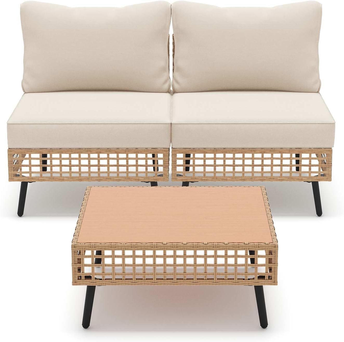 LAUSAINT HOME 3 Pieces Outdoor Sectional Sofa Set, All-Weather PE Wicker Rattan Patio Conversation Set with Thick Cushions & Coffee Table, Patio Furniture Set for Garden, Backyard, Porch (Beige)
