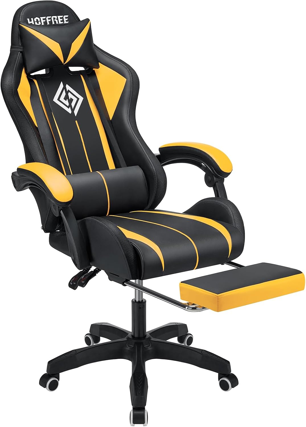 HOFFREE RGB Gaming Chair with Speakers Massage Computer Gaming Chair with LED Lights and Footrest High Back Video Game Chair for Adults Yellow and Black