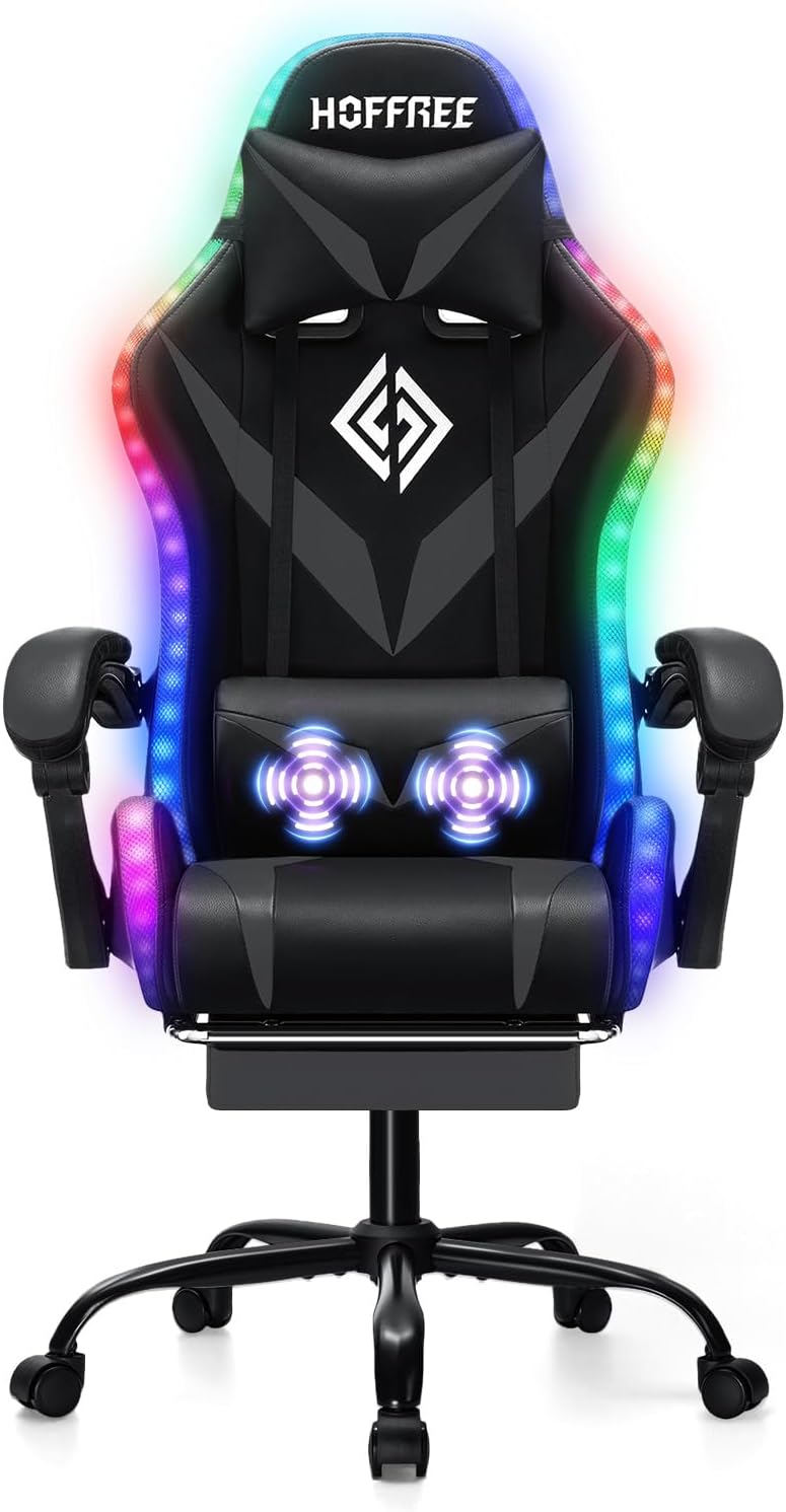 Gaming Chair Massage with LED RGB Lights and Footrest Ergonomic Computer Chair High Back Video Game Chair with Adjustable Lumbar Support Linkage Armrest Grey and Black